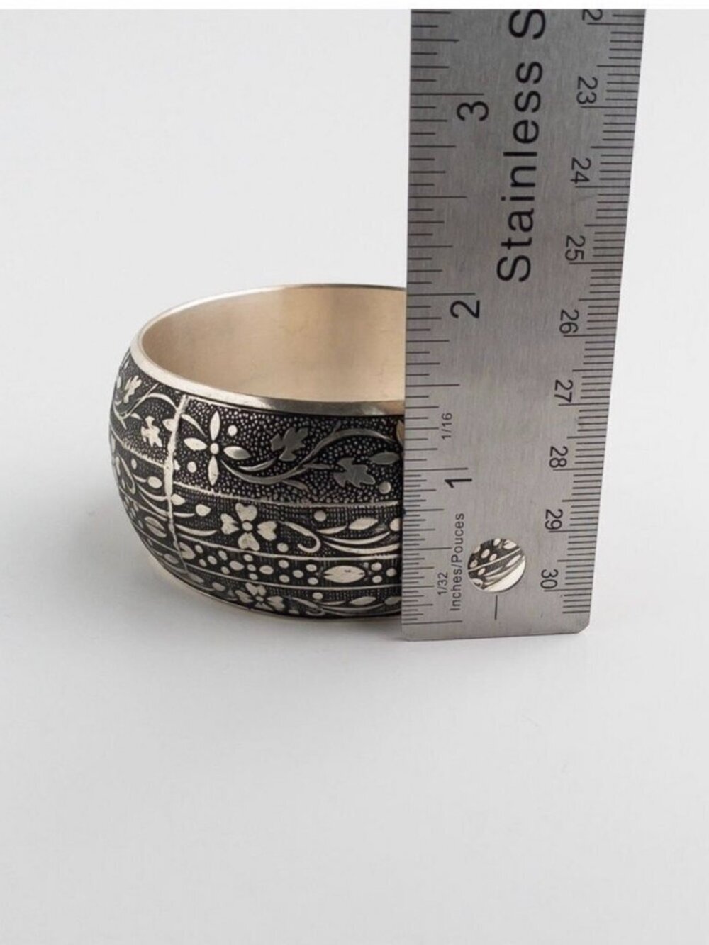 Vintage Silver Plated Wide Floral Engraved Cuff Bangle Statement Bracelet - Picture 12 of 13